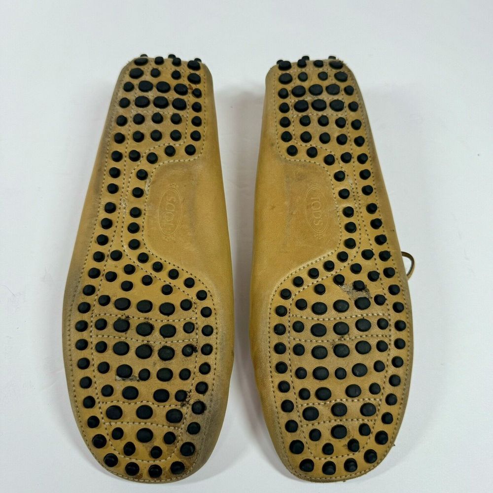 TOD's Tan 100% Leather Driving Flat Loafers with Rubber Pebble Soles Sz 35.5 - Picture 6 of 15